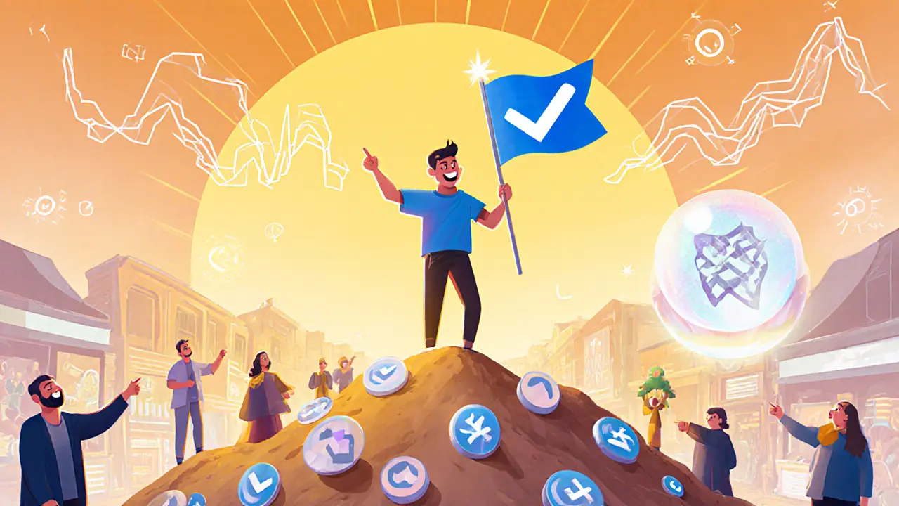 Creator on a hill holding a blue checkmark flag, sunrise, charts, and ZKP crystal ball.