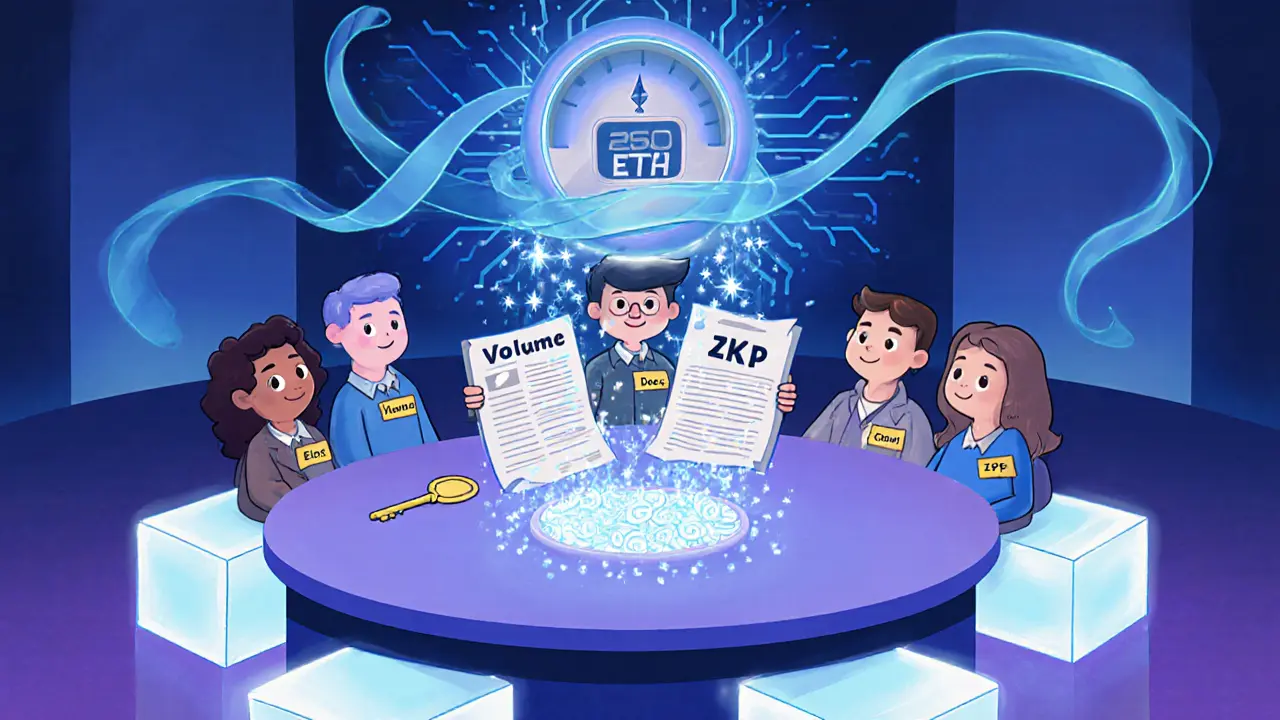 Verification chamber with reviewers, ETH volume meter, and swirling ZKP ribbons.