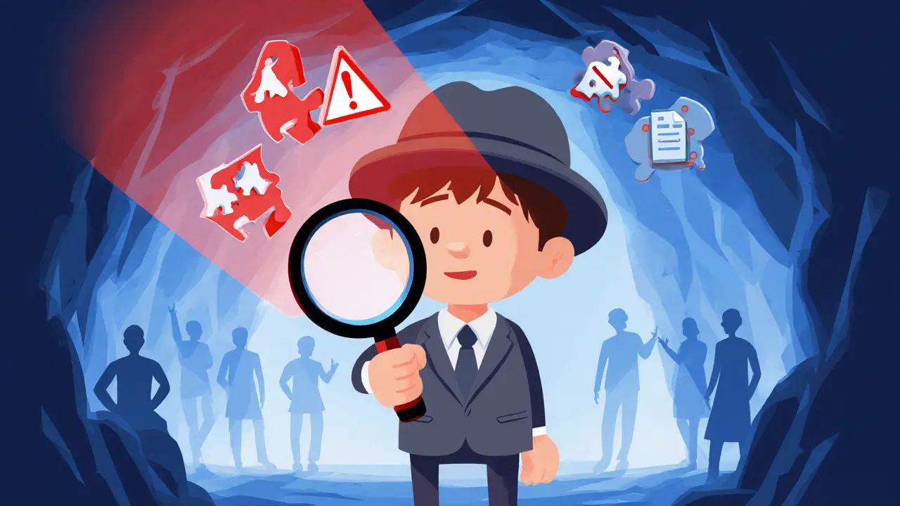 A cartoon investor with magnifying glass examining red flags and an empty community bubble.