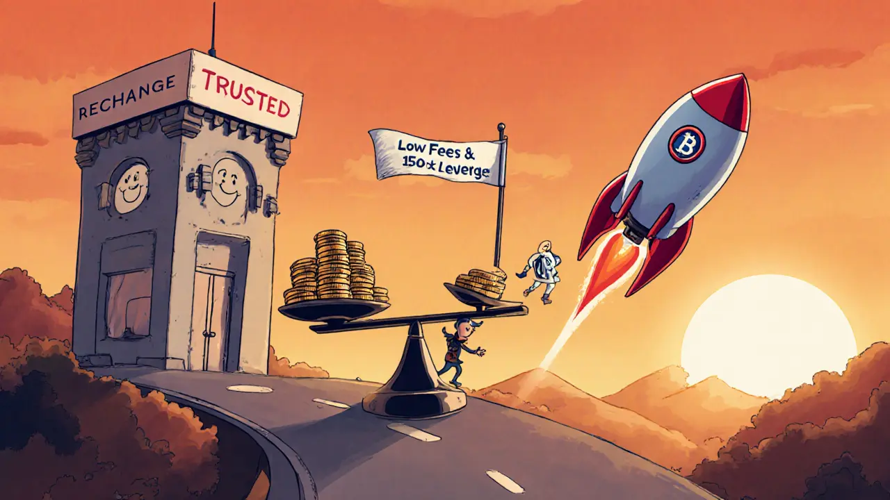 Balance scale with a trusted exchange tower versus a Bibox rocket, a character allocating small coins to Bibox.