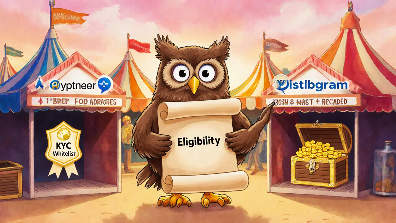 CoinMarketCap market fair showing owl mascot guiding through eligibility, KYC, and distribution steps.