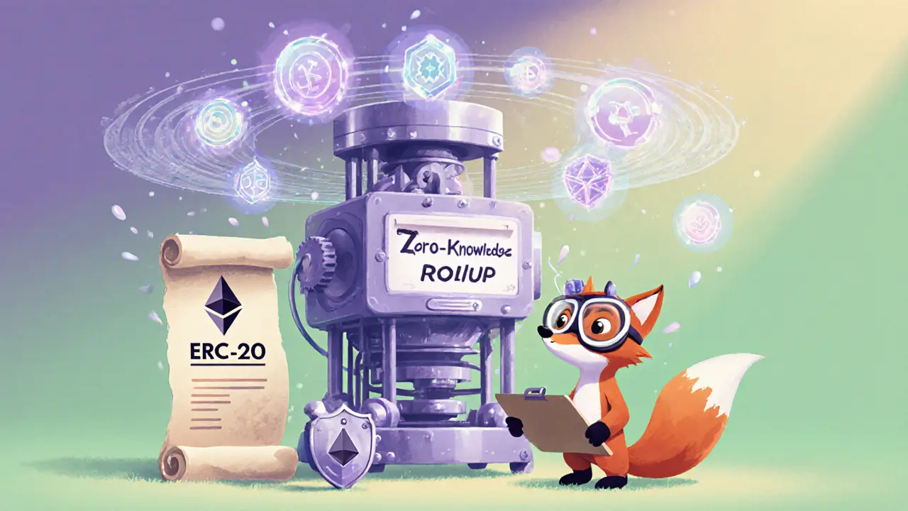 Fox engineer operating a zero‑knowledge rollup machine with floating proof symbols.