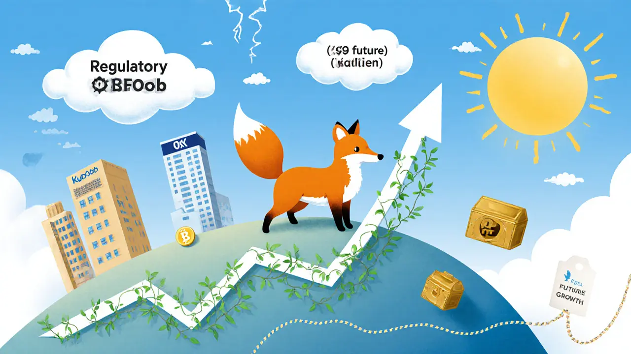Fox standing on a chart hill with upward arrow, surrounded by exchange icons and risk clouds.