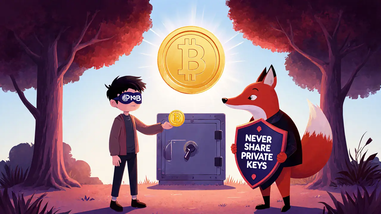 Hero with shield refusing a fox&#039;s fake BNB fee, while a safe golden PNDR token glows nearby.