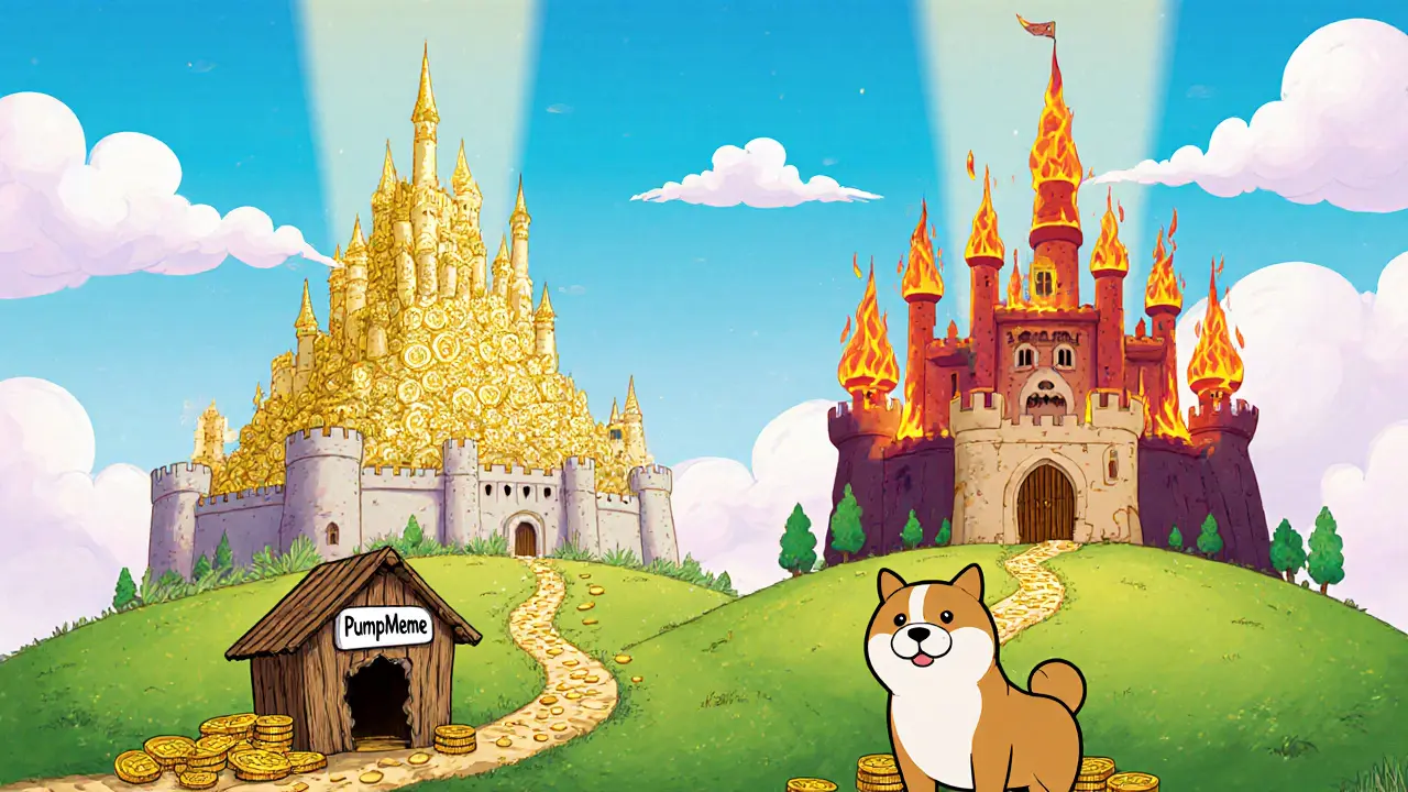 Three whimsical coin castles; PumpMeme small hut versus large Dogecoin and Shiba Inu castles.