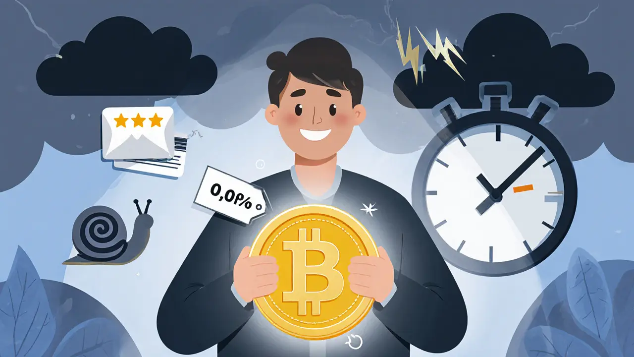 Trader with golden BIX token, email snail, and dark clouds of low trust scores and withdrawal delays.