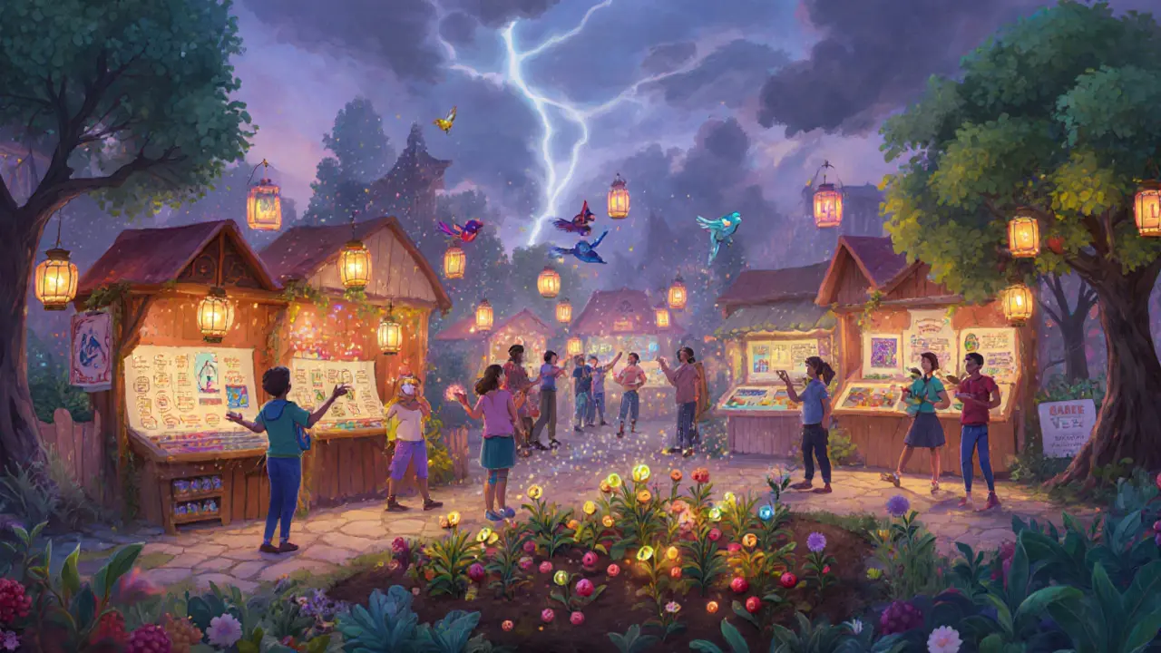 Twilight marketplace with fans tipping creators, garden of L1 seeds growing into STAKE trees, VOTE birds overhead.