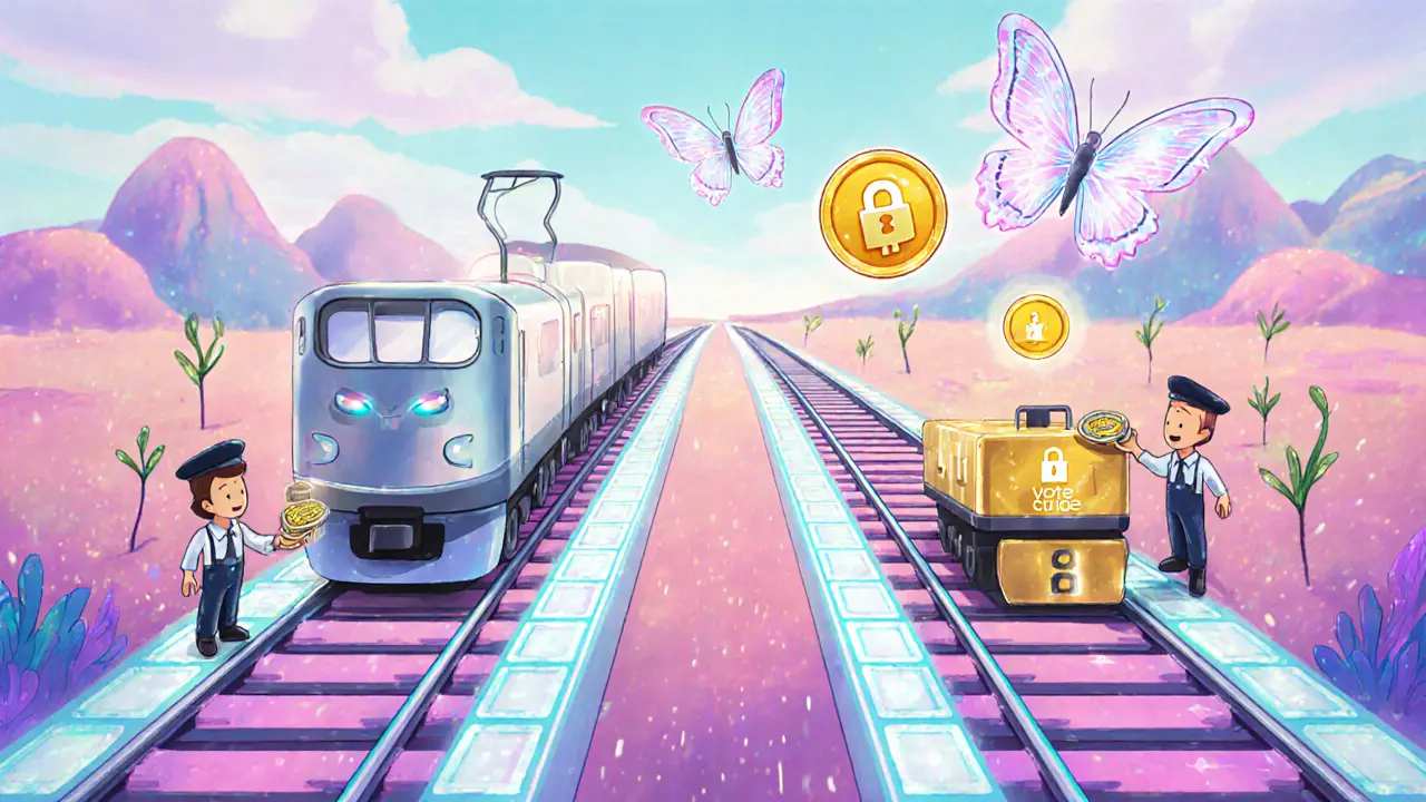 Two colorful train tracks with silver and gold trains, validators handing L1 coins, VOTE butterflies above.