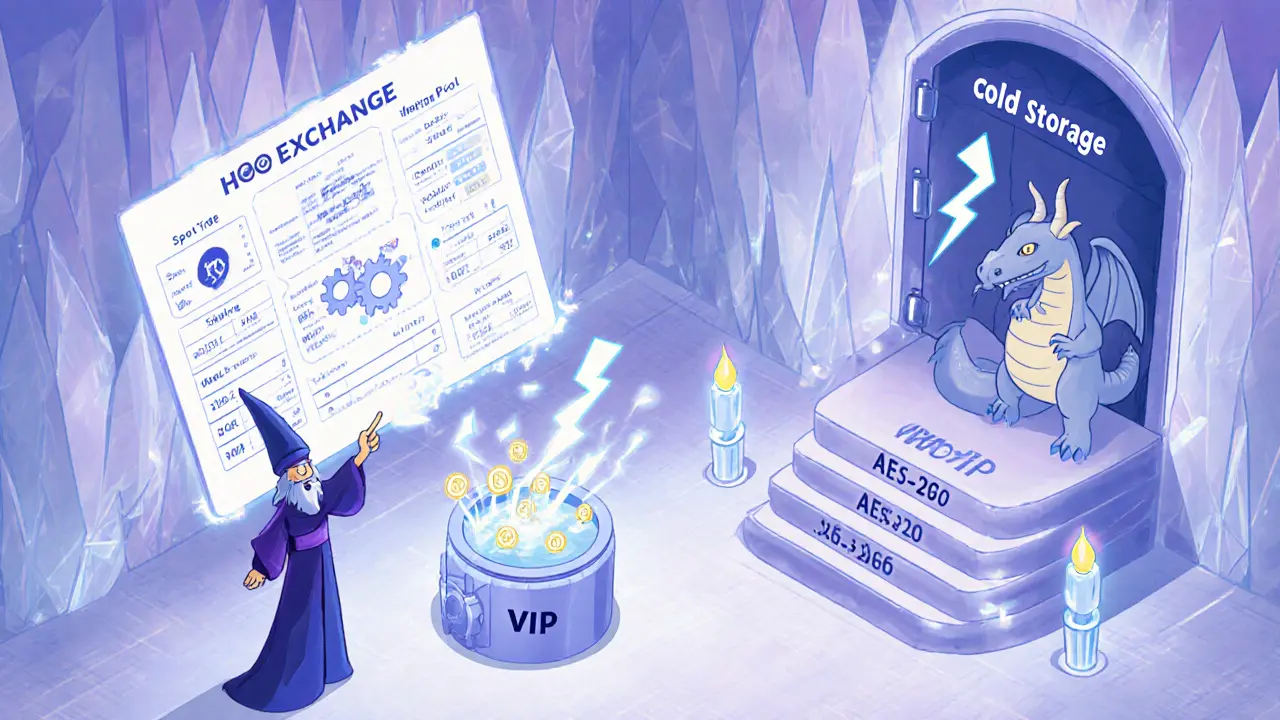 A crystal palace illustrating spot, margin, staking, vault security and VIP fee tiers.