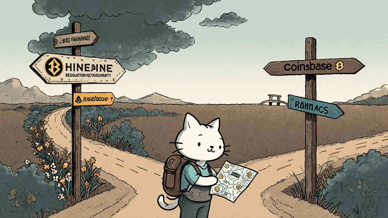 A traveler kitten at a crossroads deciding between Hoo, Binance, and Coinbase.