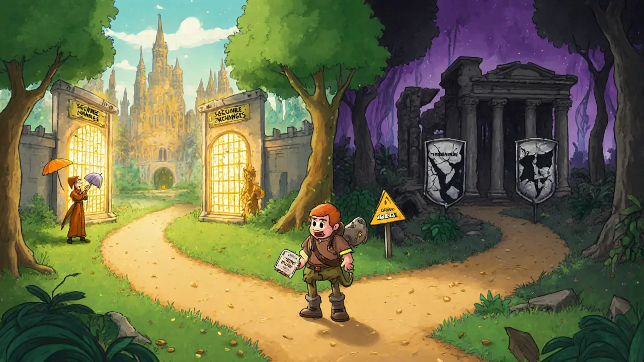 An adventurer at a fork chooses a bright fortified city over the dark, ruined Dark KnightSwap path.