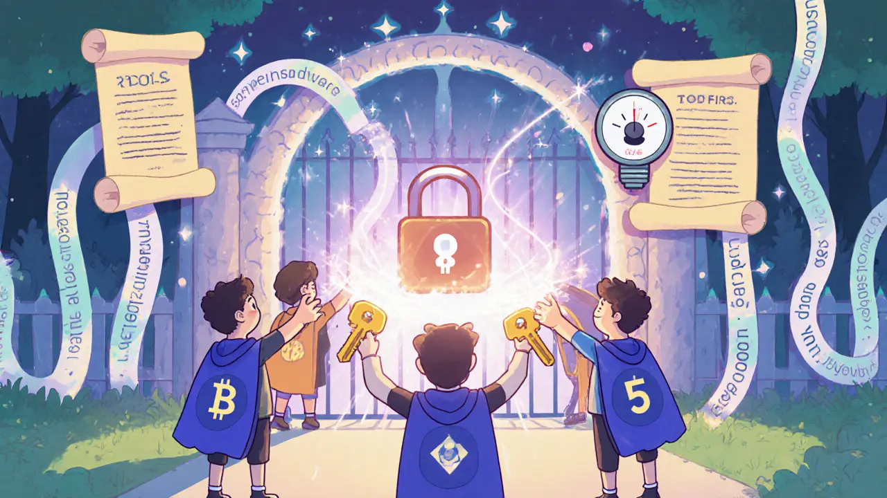 Animated characters using three of five keys to unlock a magical code gate.