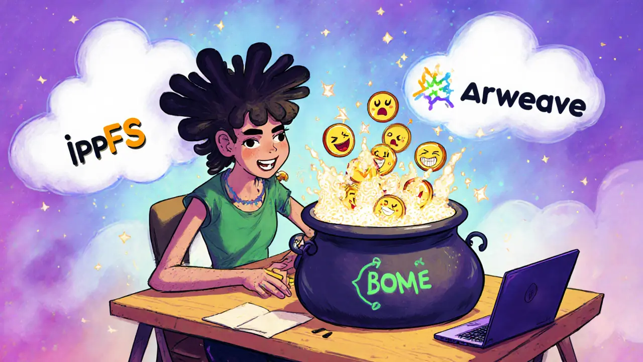 Artist Darkfarms creating BOME tokens with a laptop and floating meme symbols.