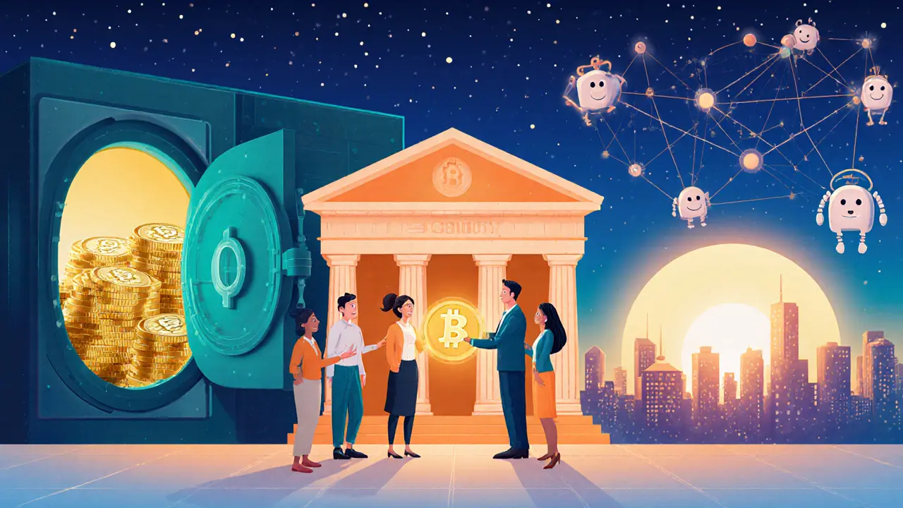 Bank offering crypto custody, a reserve vault, and node network under a hopeful sunrise.