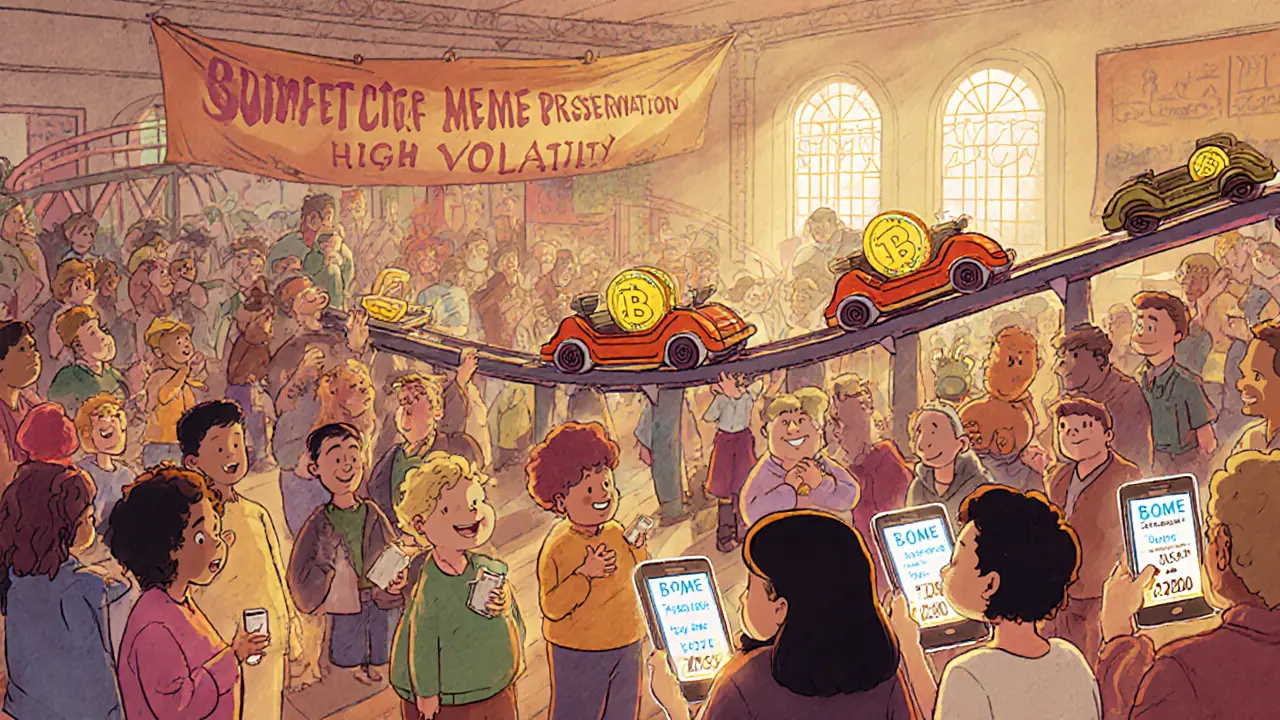 Community gathering watching a meme coin roller coaster representing BOME price swings.