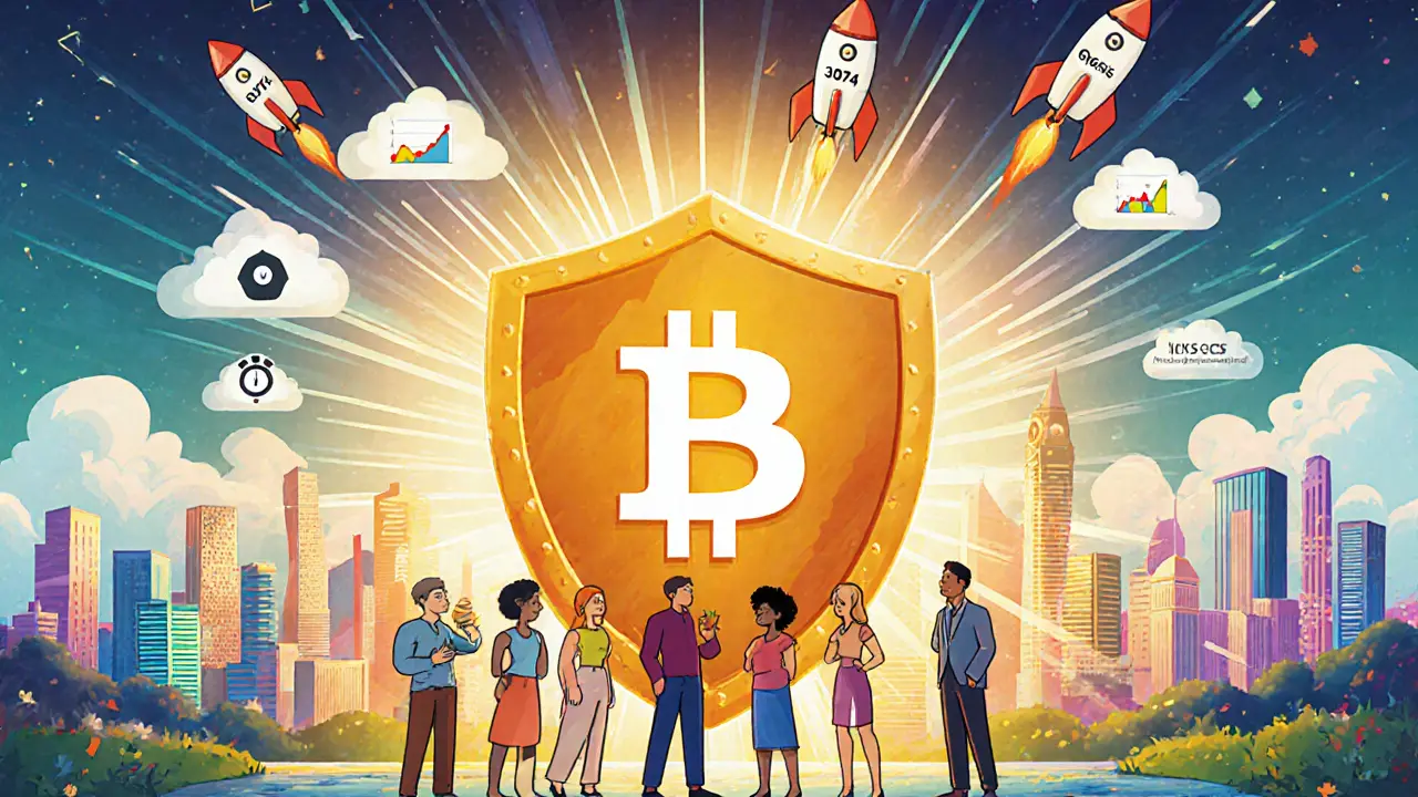 Future DAO city with rockets, shields, and timelock clock in a storybook illustration.