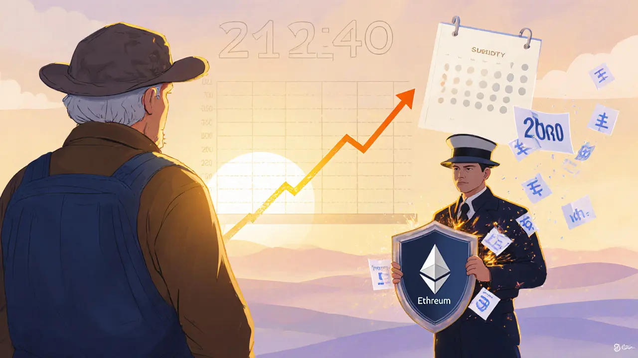 Future scene with miner watching rising fee graph, calendar to 2140, and validator holding ETH shield amid fee burn.