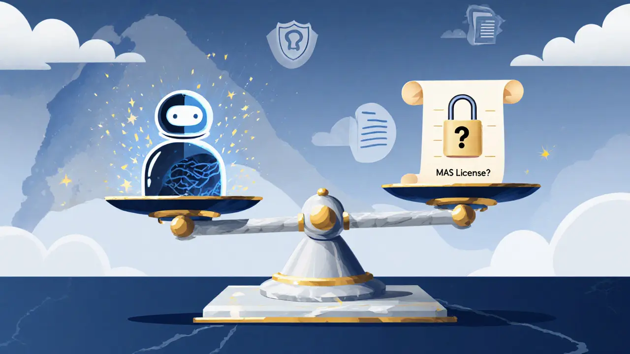 Scale balances an AI robot against a lock and MAS license scroll, set before a Singapore map.