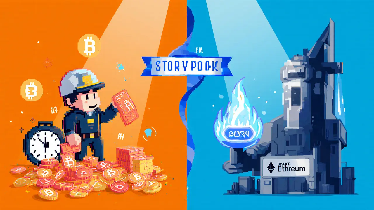 Split illustration: Bitcoin miner with halving clock and fee slips; Ethereum validator with stake crystal and burning fee flame.