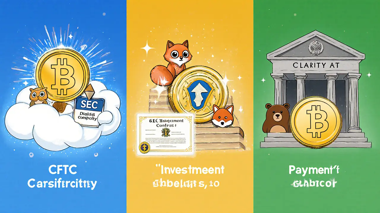 Three panels showing digital commodity, investment contract, and stablecoin classifications with agency mascots.