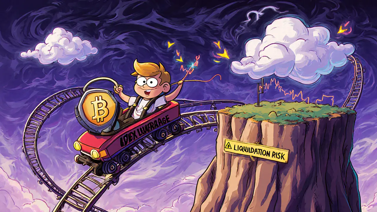 Trader on a 425x leverage roller‑coaster rides over a volatile crypto chart near liquidation warning.