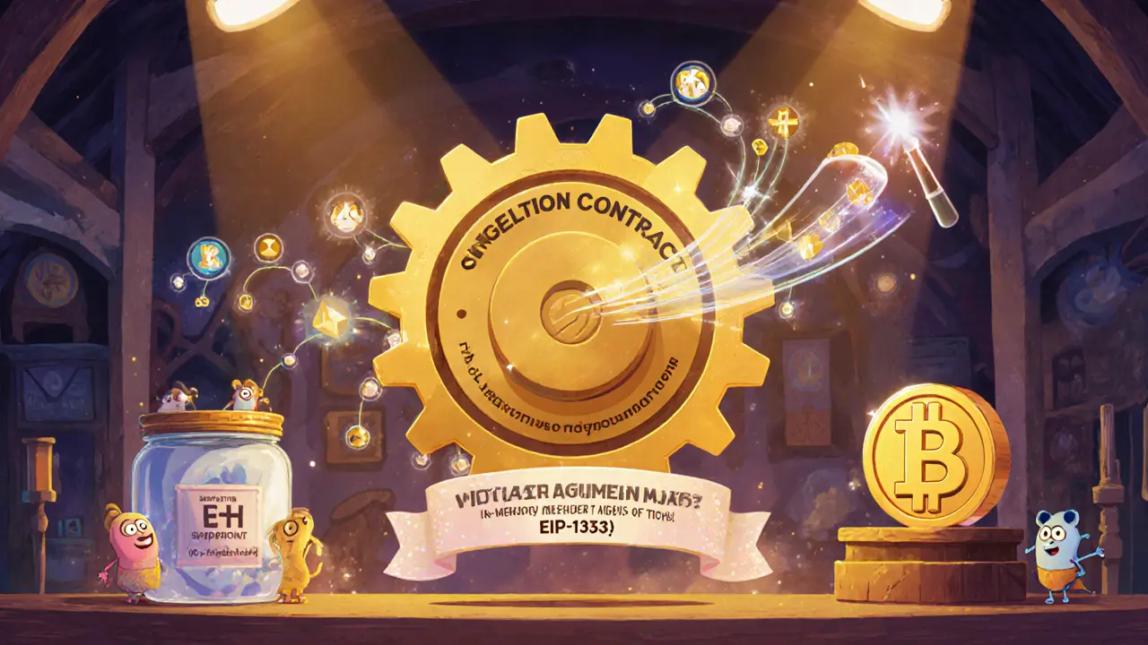 Workshop scene shows singleton gear, flash accounting wand, native ETH coin, and hook creatures.