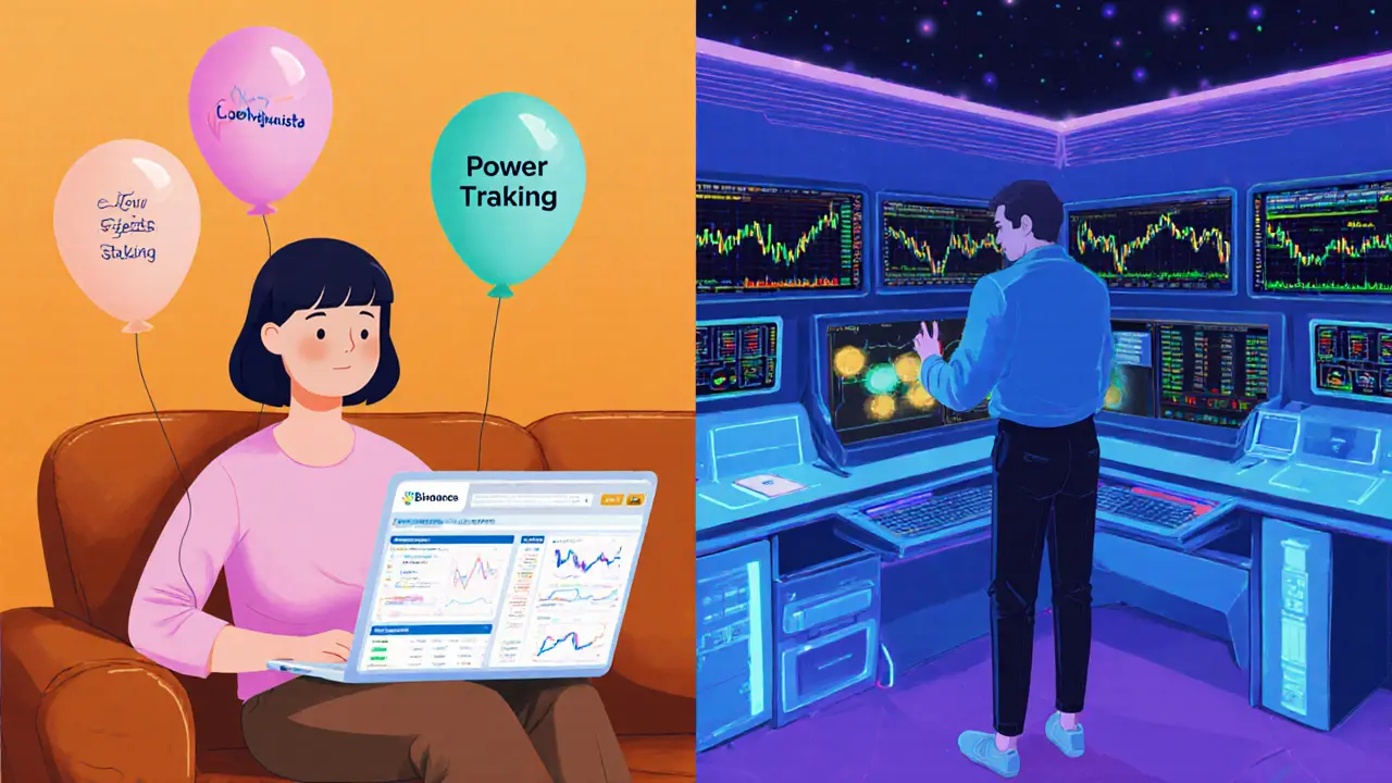 Cartoon split scene with a beginner on a couch using Coinquista and a pro trader in a high‑tech command room.