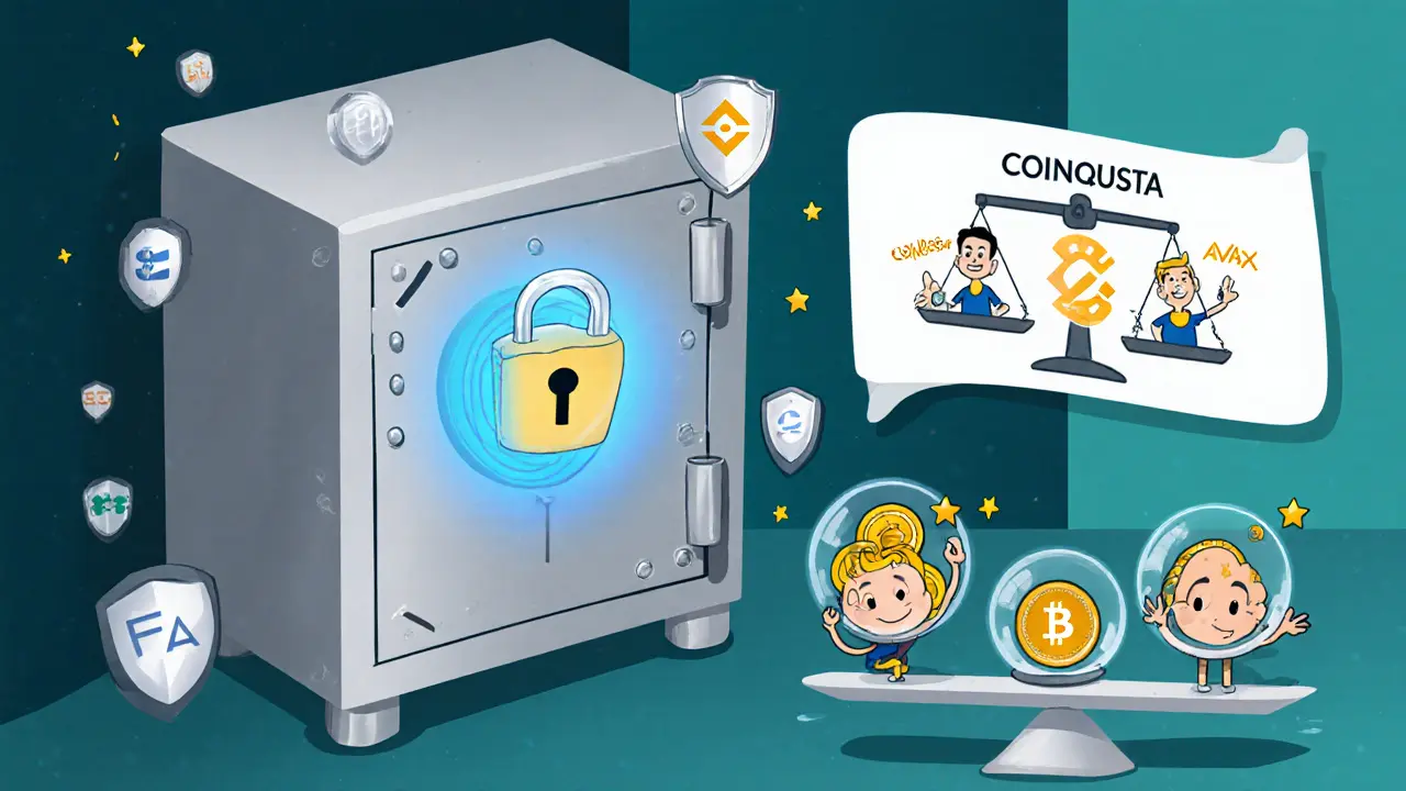 Cartoon vault scene showing Coinquista’s cold‑storage safe, security shields, and staking tokens with reward stars.
