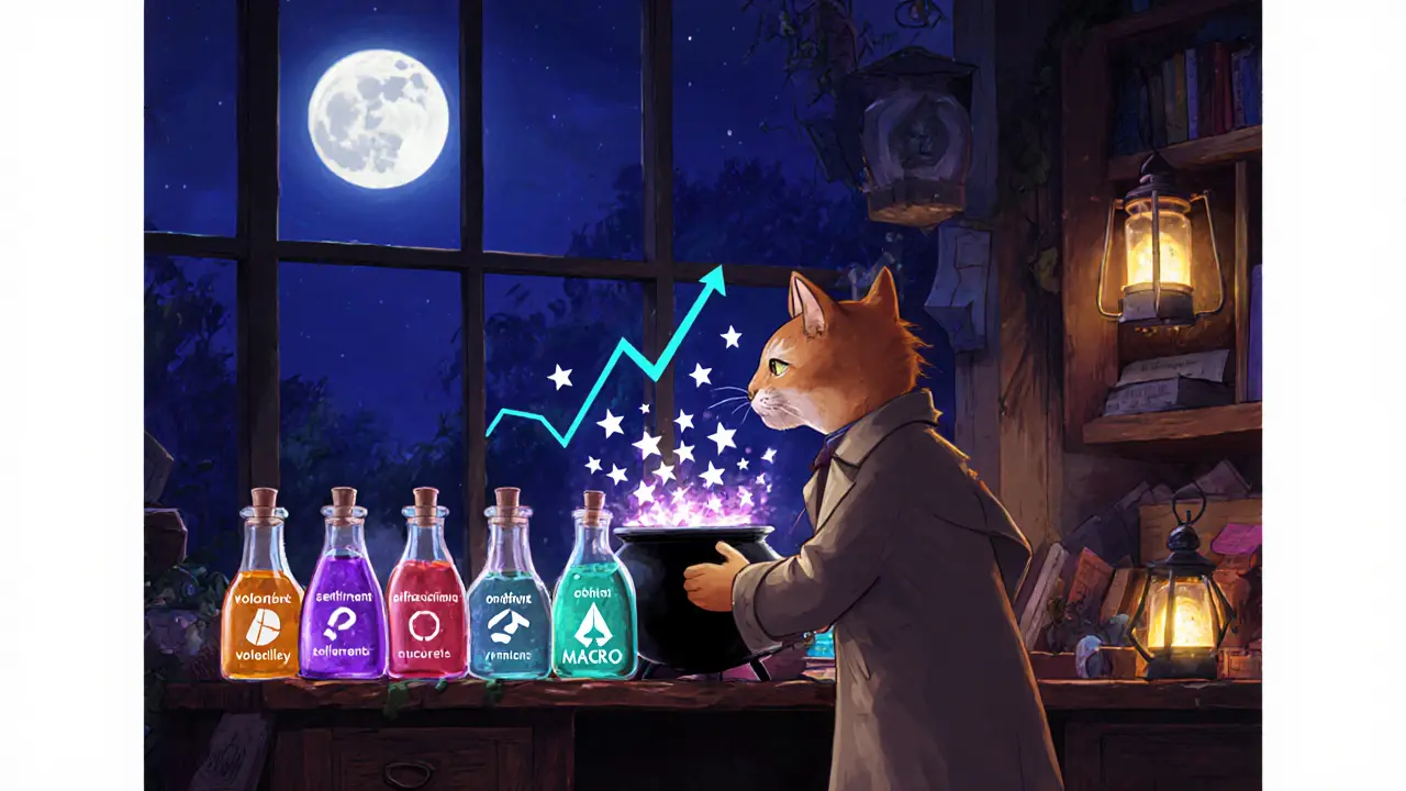 Detective cat mixes colorful potions representing crypto factors into a cauldron.