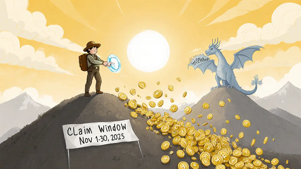 Explorer claims golden WAG tokens on hill while a risk dragon watches nearby.