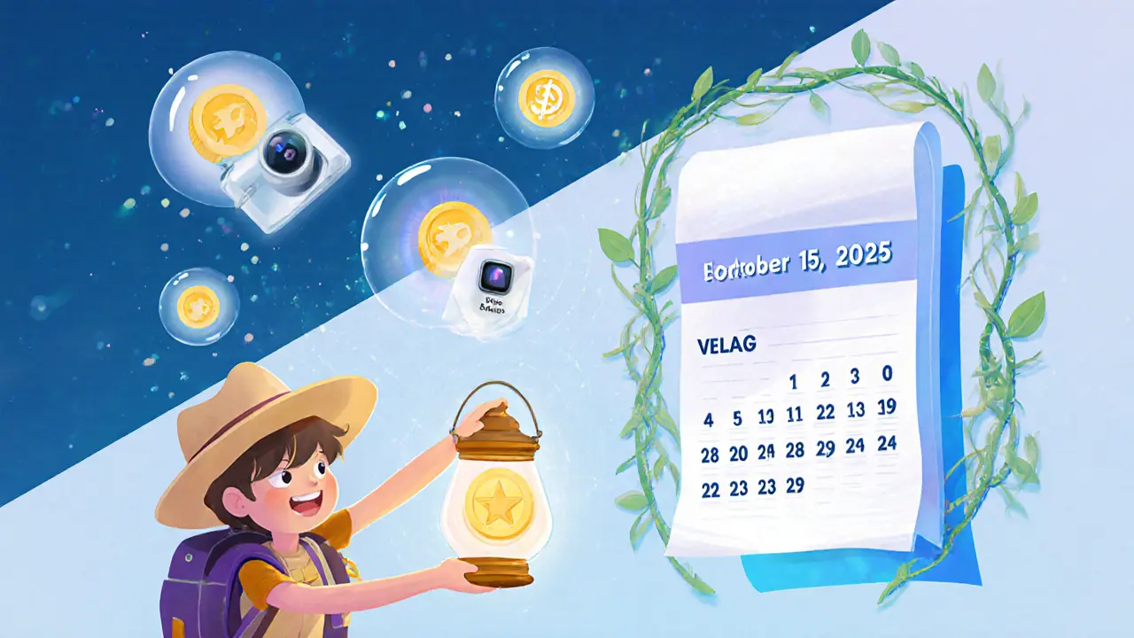 Explorer holding wallet lantern connects to Velas portal with token and calendar icons.