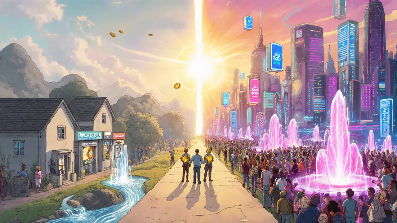 Forked path showing a modest village future versus a radiant futuristic city of token trading.