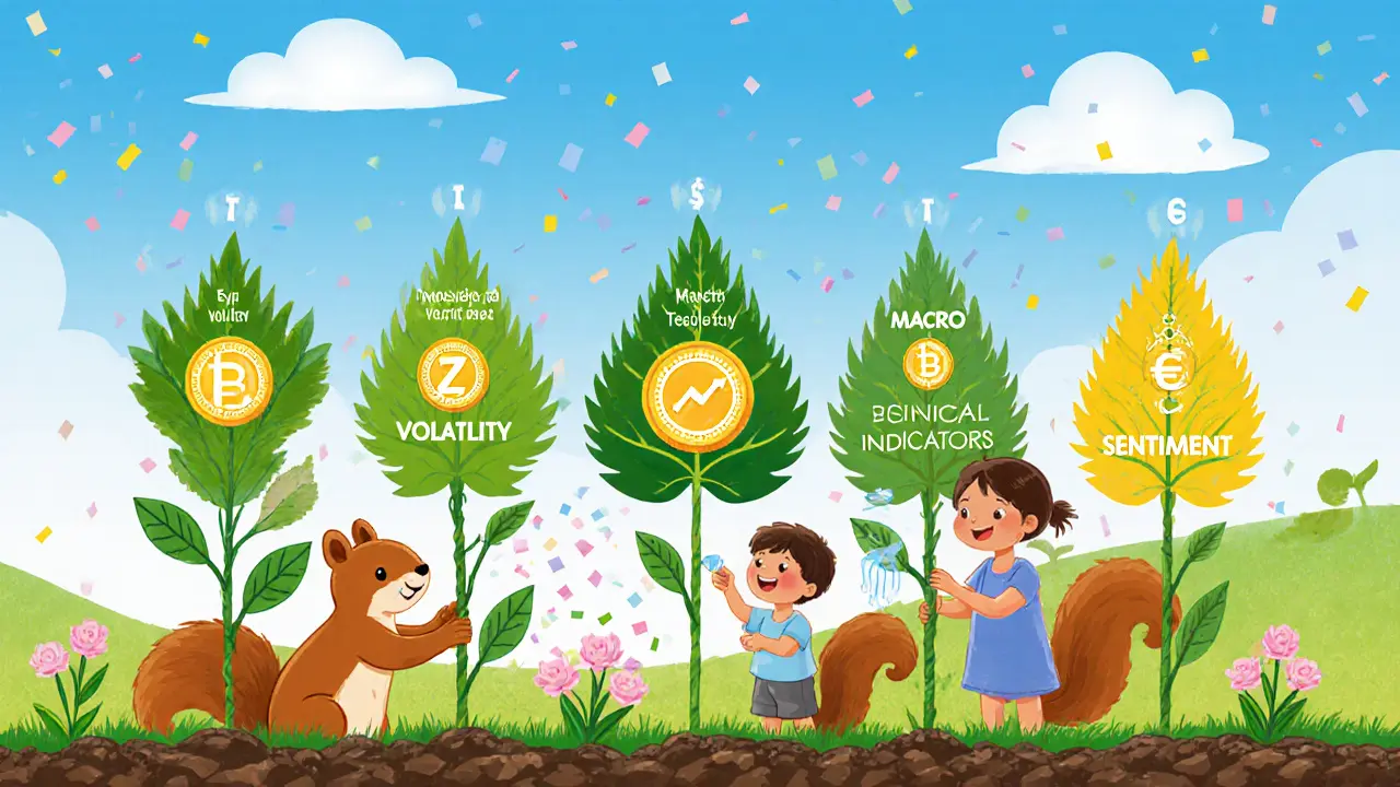Squirrel family tends a garden of crypto plants labeled with different predictive factors.