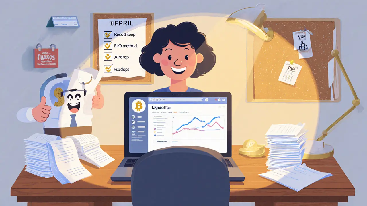 Taxpayer at desk using crypto‑tax software, surrounded by receipts and a helpful CPA.
