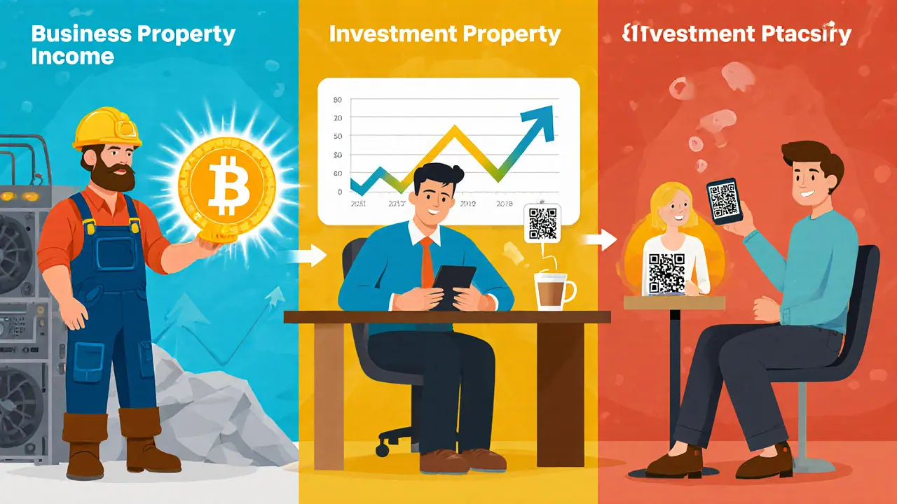 Three scenes: miner with Bitcoin, investor with chart, person buying coffee with Bitcoin.
