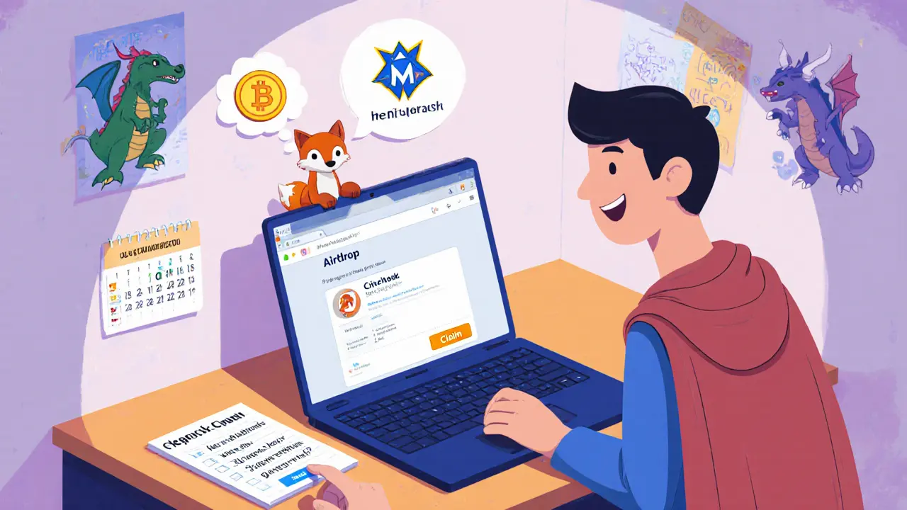 Cartoon player using a laptop and MetaMask to claim a CYT airdrop.