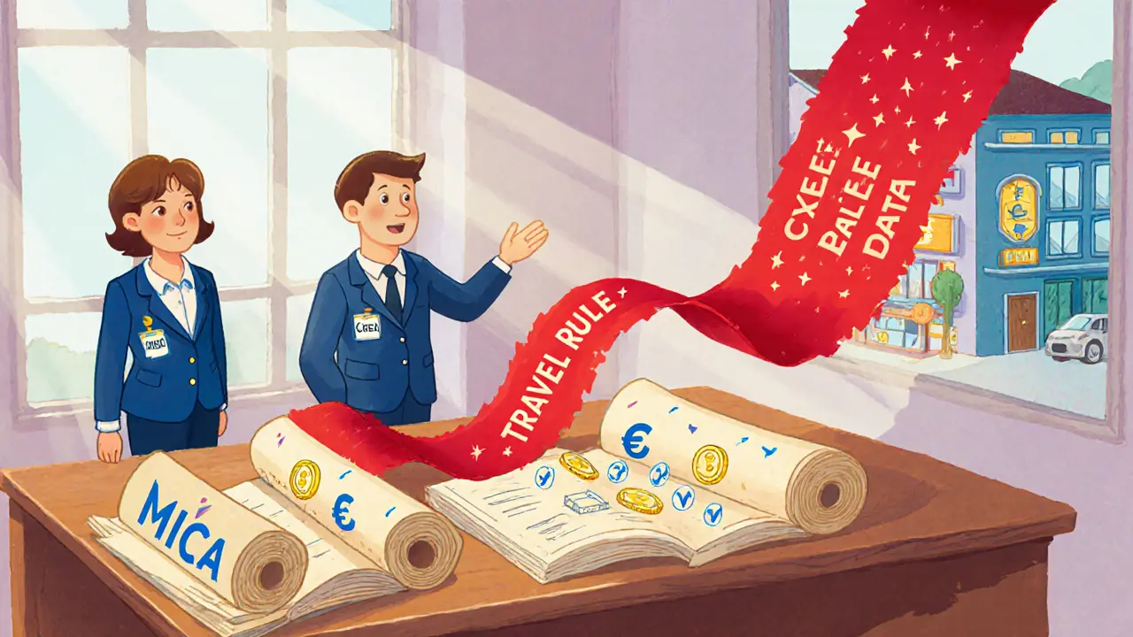 Cartoon regulators reviewing a ledger with crypto icons and a Travel Rule scroll.
