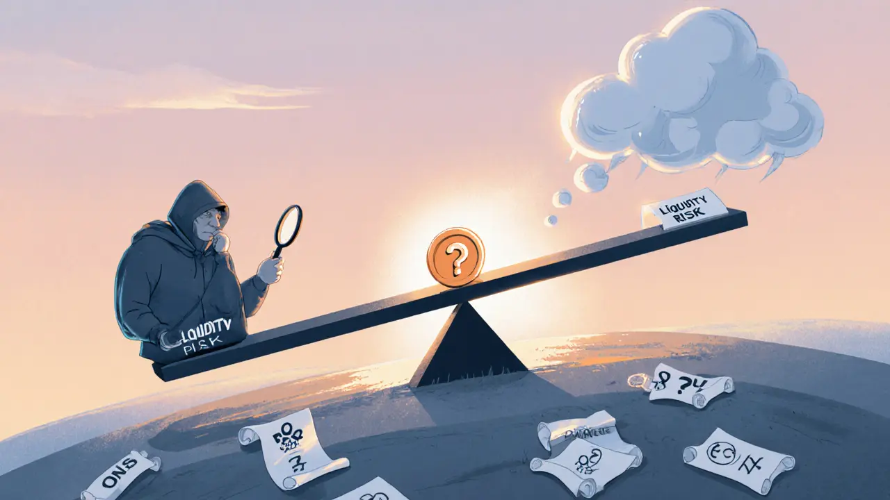 Cautionary scene with a seesaw labeled &quot;Liquidity&quot;, stormy risk cloud, and magnifying glass over an ONS token.