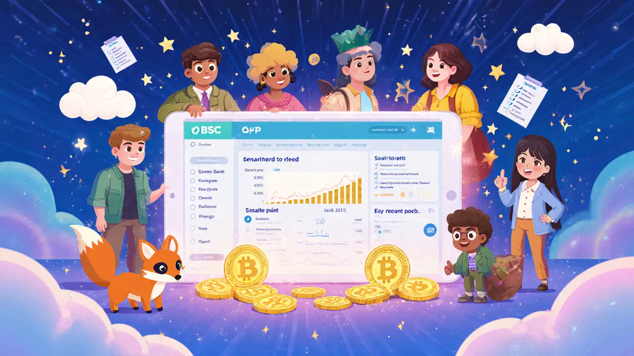 Characters using a DeFi platform, holding BAMP tokens while a sly fox watches, hinting at airdrop scams.