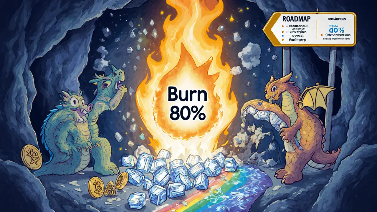 Dragons mining CYT crystals, burning some, and sharing the rest with players.