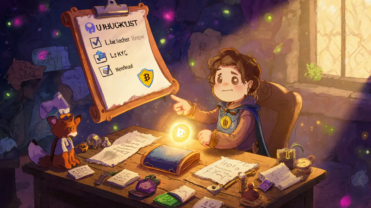 Explorer at a desk checks a floating list of UNB token, Discord, KYC, and wallet icons.