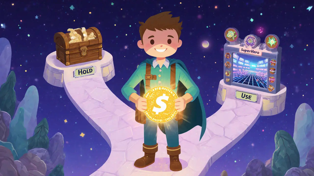 Explorer holds a radiant NFT with paths to hold, trade, or use it in a game.