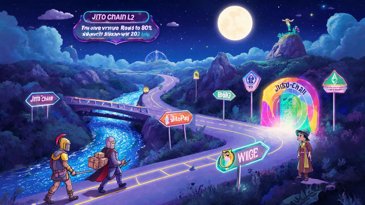 Fantasy roadmap with signposts for Jito Chain, JitoPay, and cross‑chain pools, traveled by explorer characters.