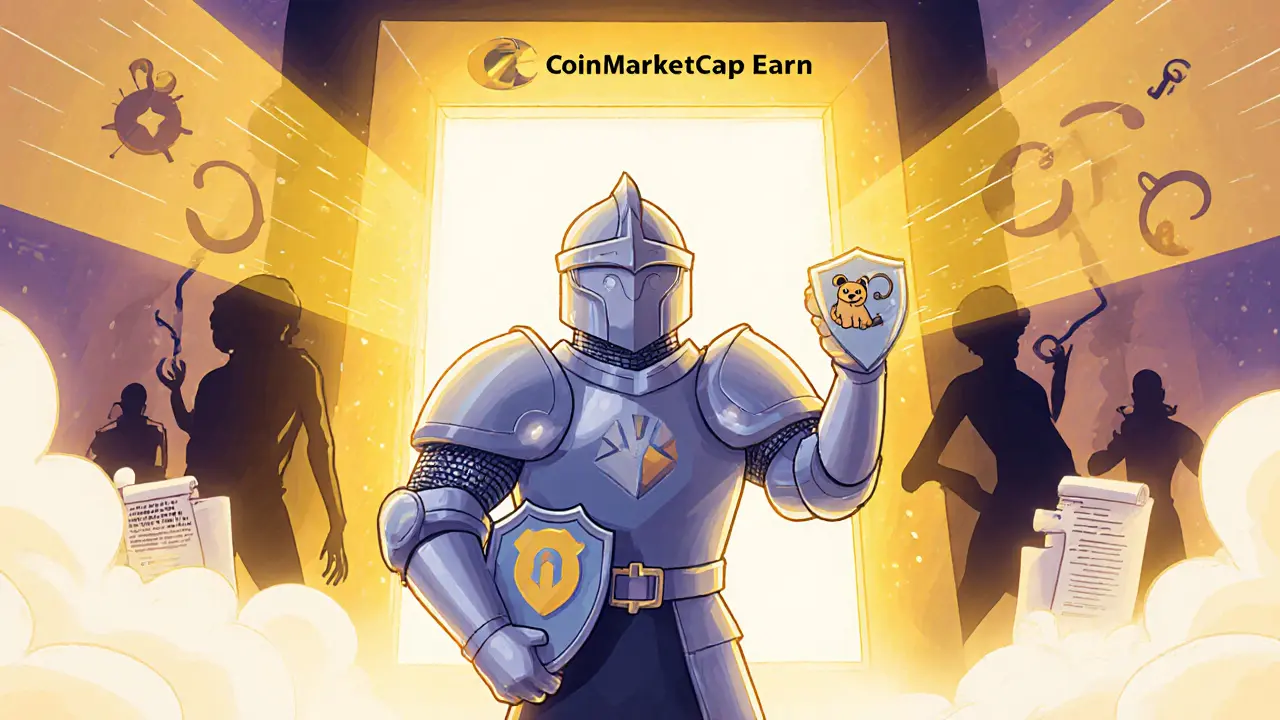 Knight‑like figure protecting a wallet while approaching the CoinMarketCap Earn portal.
