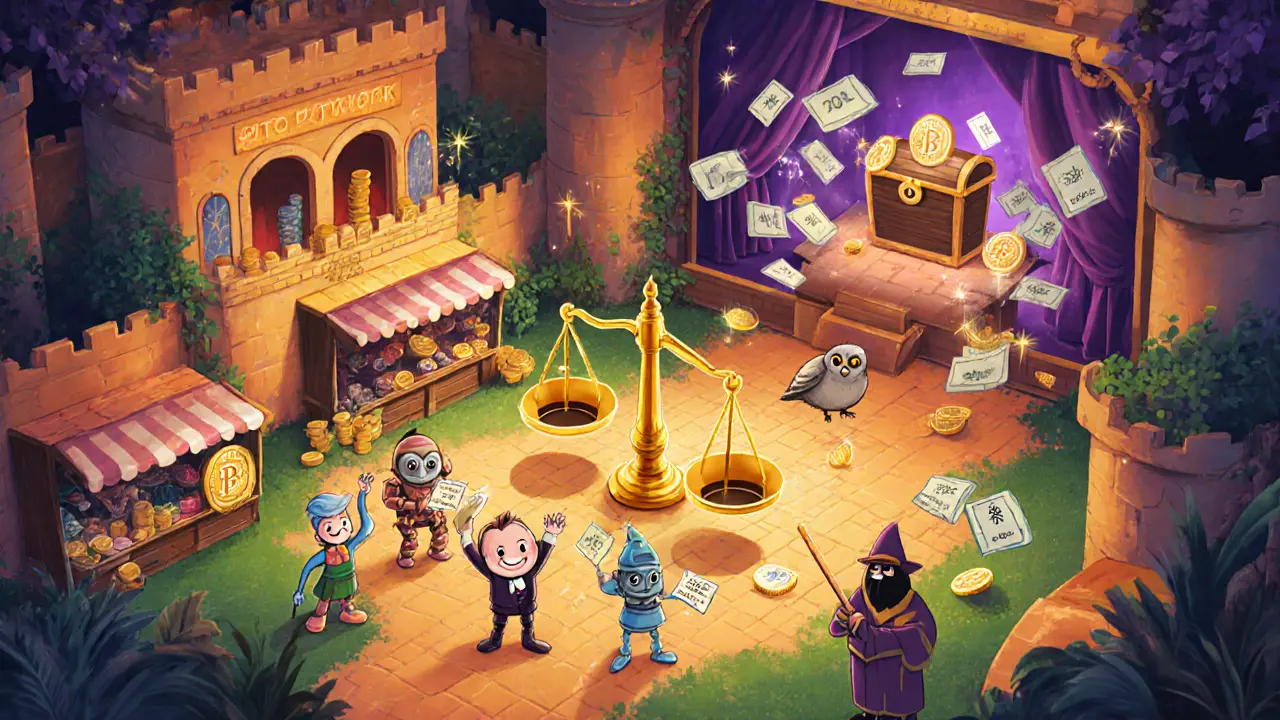 Market scene showing revenue split: SOL farmers, JTO sprites, and a treasury chest with an auction stage above.