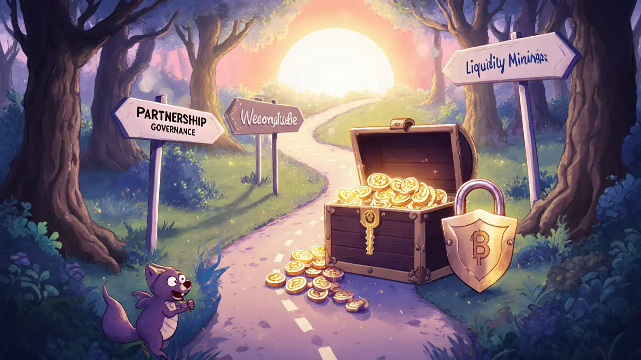 Roadmap with signposts for partnership, governance, liquidity mining leading to a sunrise and a treasure chest of BAMP tokens.