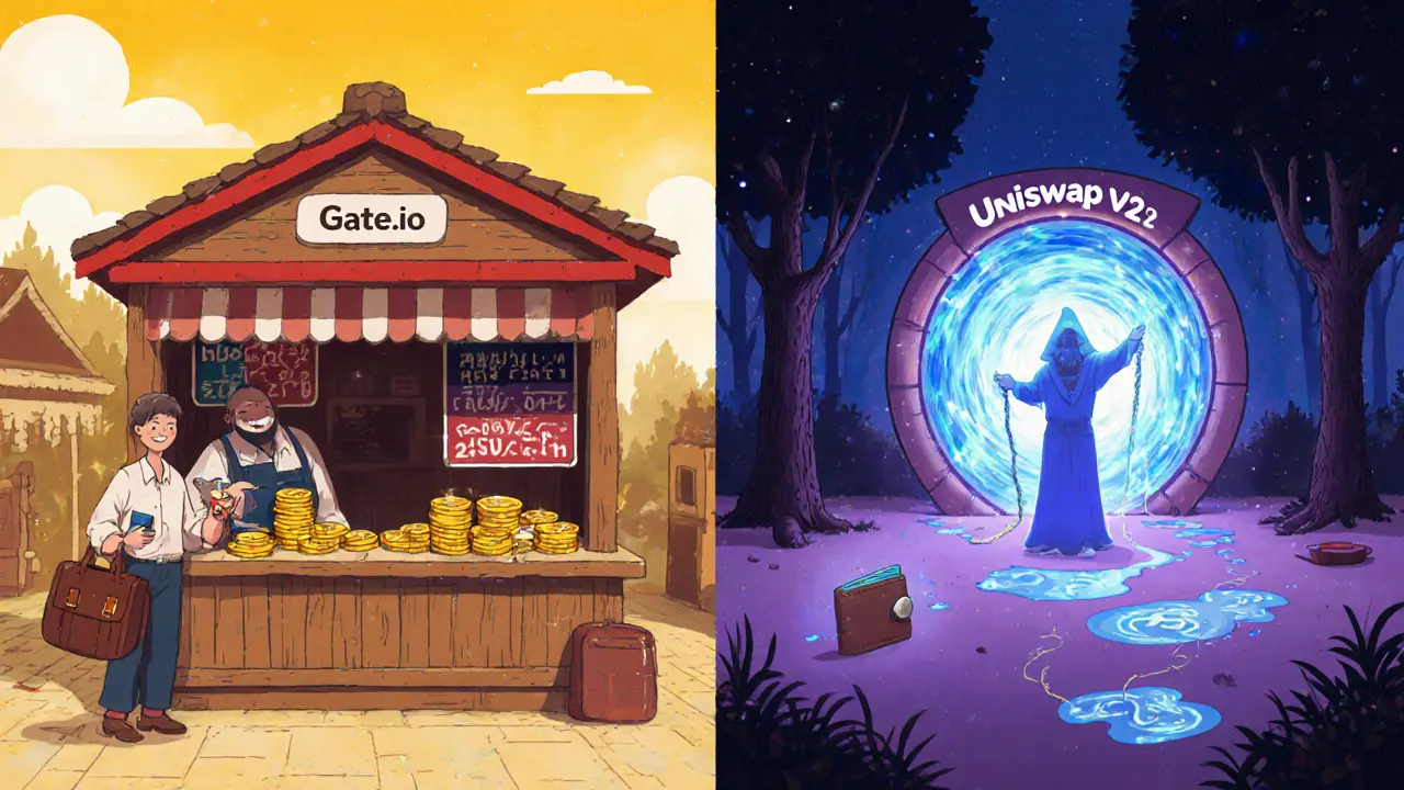 Split scene of a market stall Gate.io and a mystical Uniswap forest portal showing token trade routes.