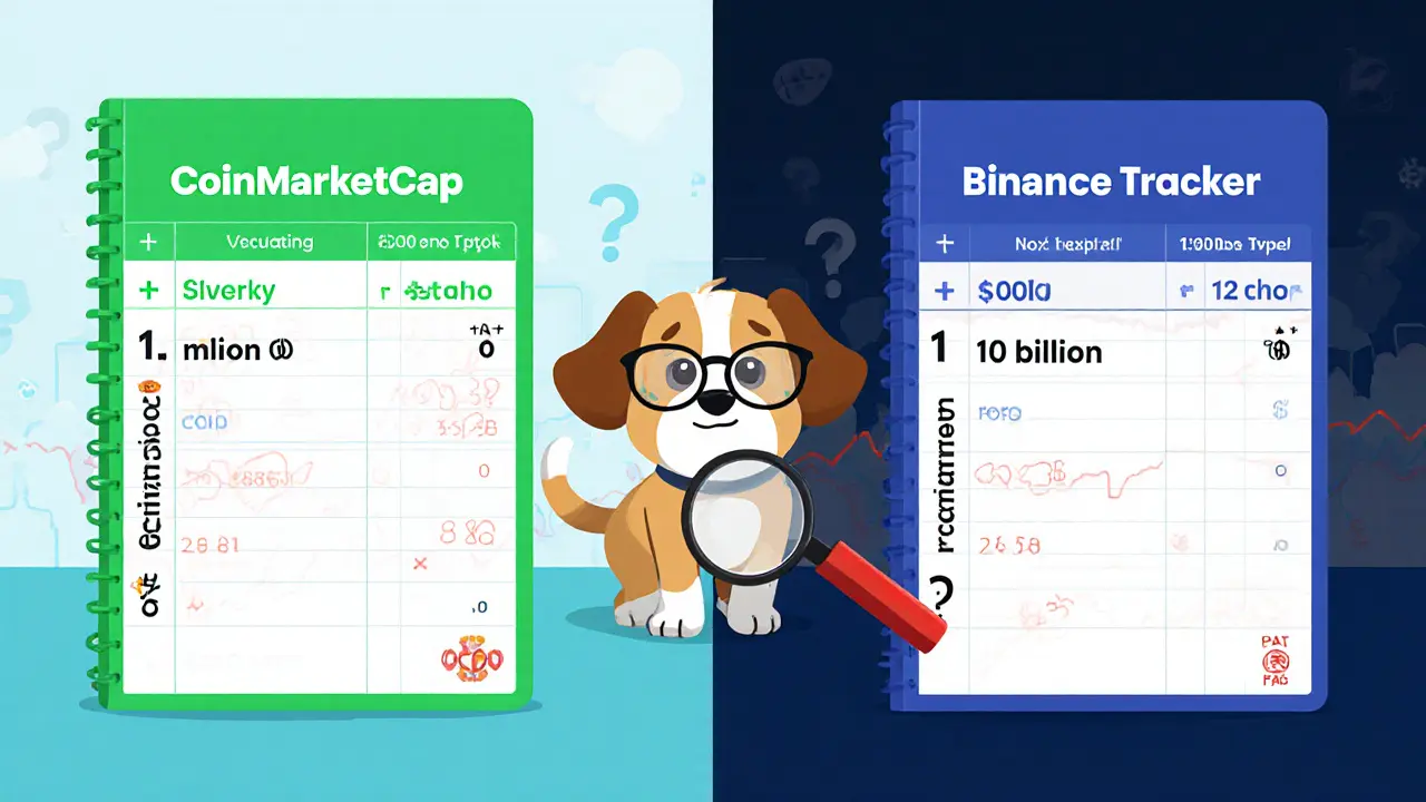 Split scene showing contradictory token supplies on two ledgers with a puzzled puppy.