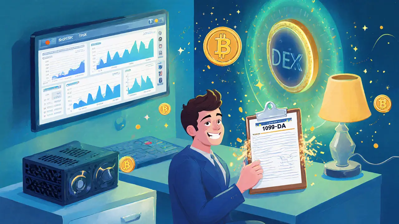 Home office scene with tax guide, floating crypto charts, 1099‑DA form, mining rig, and DEX portal.