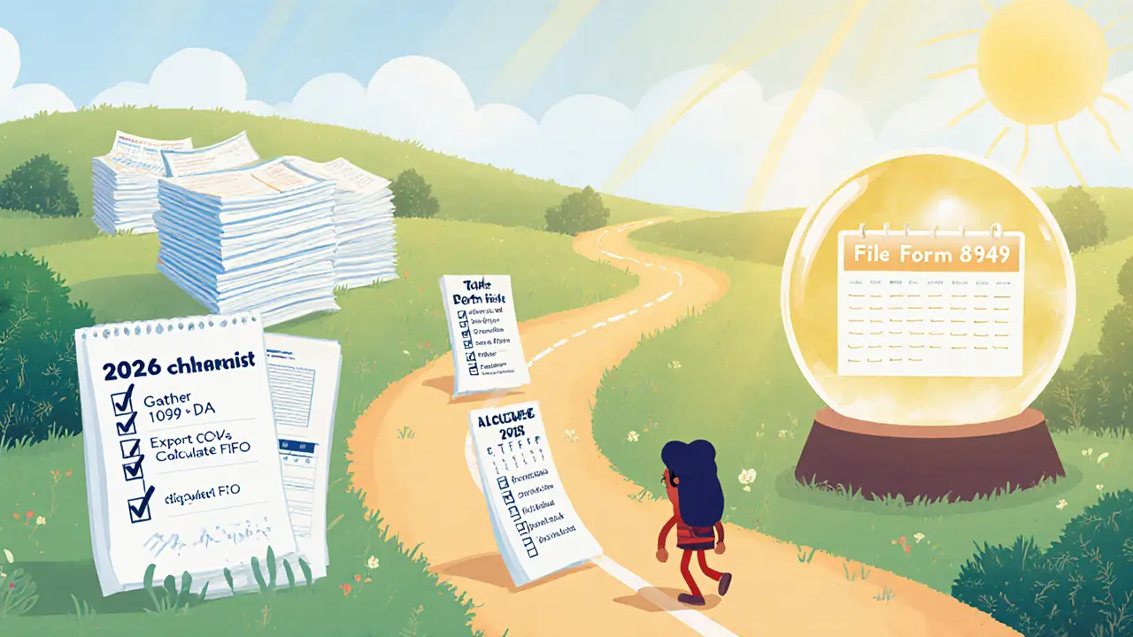 Whimsical road checklist with tax guide, calendar pages, forms, and crystal ball looking ahead.